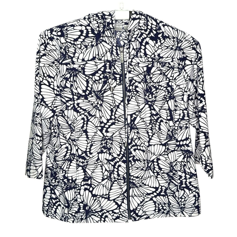 Zenergy Chico's Womens Sz 3 Butterfly Print Zip Jacket Blue White Stretch Hoodie